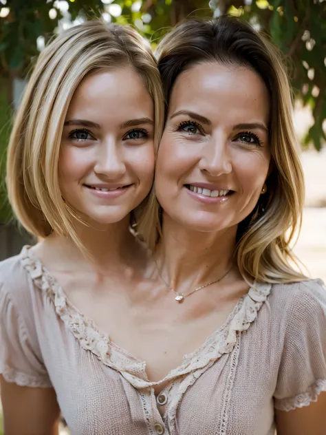 highly detailed, best resolution, closeup, mom, age 48, Irish-American, blonde hair, happy, loving, wearing a casual blouse, posing next to her daughter,