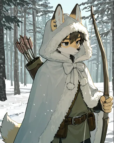 source_ furry， furry male，elementary school students，((boy )),fox boy，fox ears, fox tail, ,short hair， She is wearing a white hooded cloak with a fur stole draped over her shoulders. She has a bow and arrow in her right ， The boy is standing in a snowy lan...