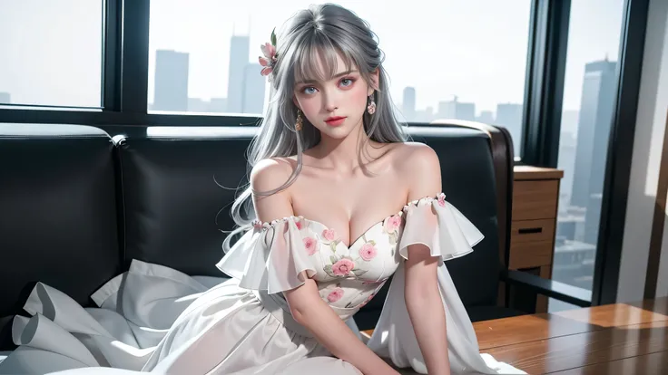 （girl lying on office sofa）、 beauty、One personの女の子、One person、 long hair、Viewer、smile、 blue eyes、 hair ornament、、gem、Gray Hair、 close your mouth、Sluggish Banganik 、 Bracelet 、lips、 gray eyes、 portrait、Red nails、close、赤いlips、's face、 Place your hand on your...