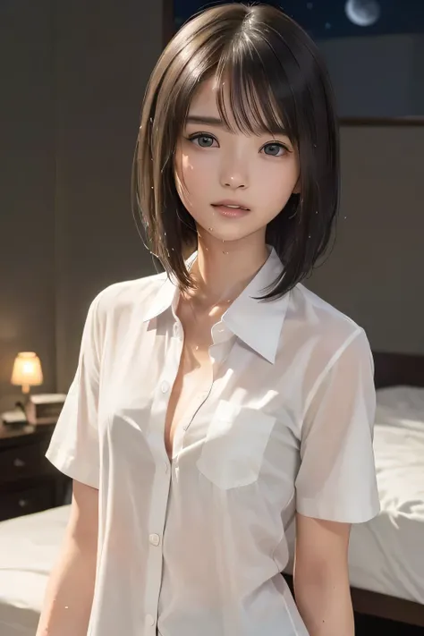 (8k,  RAW photo,  photorealistic:1.25), (looking at viewer, Messy, disheveled wet Hair, wet short hair:1.8), (lip gloss,  eyelashes, Shiny surface, Glossy Skin,  best quality, ultra highres,  allows depth of field, Color Difference ,  caustics,  blow light...