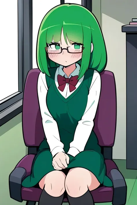  animated illustration of an anime girl with green hair and green eyes,  and she wears glasses, She has a shy face 、Very blushing ,  she is sitting in her classroom chair and writing in her notebook  