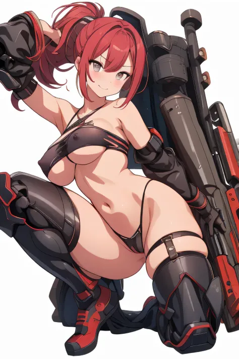 nsfw, gothicpunk:1.2, Erotic Oneechan, Pornographic magazine covers, embarrassed , thong panties, off shoulder,, full body shot,  Shooting from the front, sci-fi, exoskeleton, hold massive weapon , motorsports, one cyberpunk formula machine, ridicule and s...