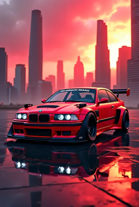 BMW E36 M3 tuning red black color,background city, red world, and brutal bodykit random.