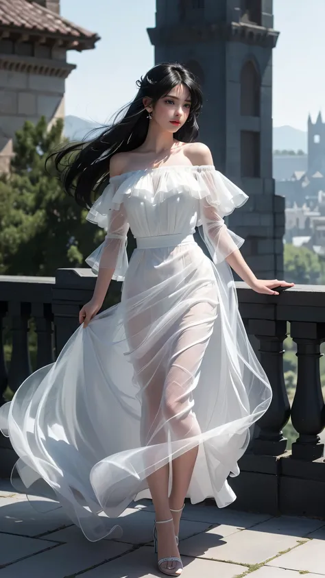 ((Girl Standing on the Balcony of an Old Castle ))、  fluorescent color  、1 girl、 facing sideways 、 beautiful faces、 beautiful eyes、（ off-shoulder：1.2）、( Full Body Angle )、   Shiny Hair  、Glowing Skin、 Reduce glare、Adjust finger ratios、Escrow、throw、 Dynamic...