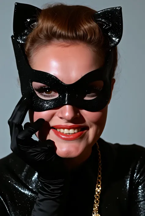  tallulah bankhead,.wearing eye mask, full face only shot, smiling, Dressed in a black tight-fitting , closed to the neck ,  latex metallized catsuit .