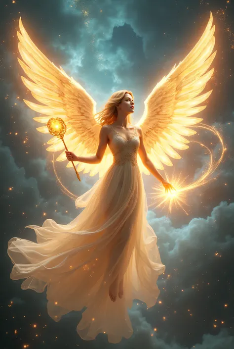 Angel holding a wand with golden wings, galaxy background