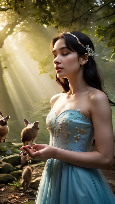 A princess resembling Snow White, surrounded by forest animals, singing with a gentle expression. She is standing in a forest, with soft beams of sunlight filtering through the gaps in the trees, creating a serene and magical atmosphere. The animals, such ...