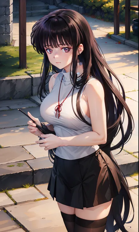 Masterpiece, best quality, highres, highly detailed, 1 girl, kikyo, long hair, black hair, black eyes, large breast, tight black sleeveless turtleneck, gray tight span skirt, black stocking, inside, outdoor, looking at viewers, perfect eyes colors, perfect...