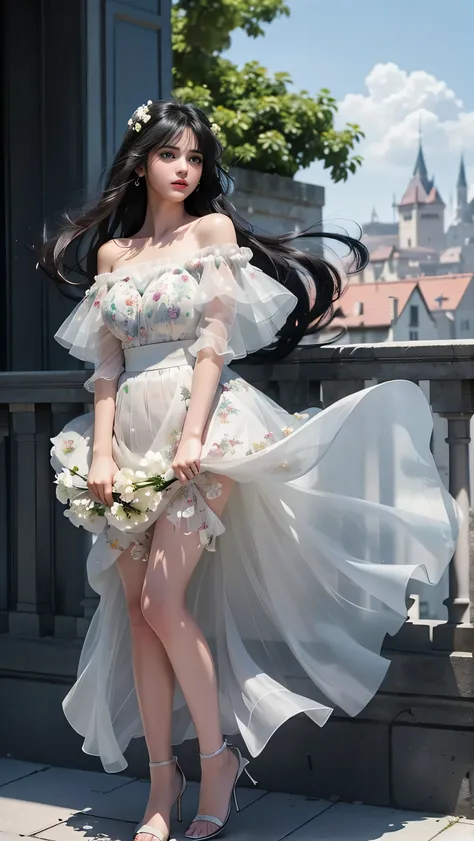 ((Girl Standing on the Balcony of an Old Castle ))、  fluorescent color  、1 girl、 facing sideways 、 beautiful faces、 beautiful eyes、（ off-shoulder：1.2）、( Full Body Angle )、   Shiny Hair  、Glowing Skin、 Reduce glare、Adjust finger ratios、Escrow、throw、 Dynamic...