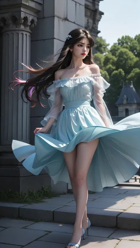 (( girl standing on an old castle balcony ))、 fluorescent color 、 1 girl completely naked、 sideways、 beautiful face、 beautiful eyes、( off shoulder:1.2)、( Full Body Angle )、   Shiny Hair 、 glowing skin、Reduce glare、 adjust finger ratio 、Escrow、Slow、 dynamic...