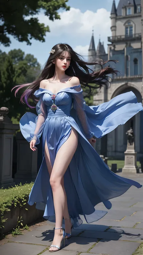 (( girl standing on an old castle balcony ))、 fluorescent color 、 1 girl completely naked、 sideways、 beautiful face、 beautiful eyes、( off shoulder:1.2)、( Full Body Angle )、   Shiny Hair 、 glowing skin、Reduce glare、 adjust finger ratio 、Escrow、Slow、 dynamic...