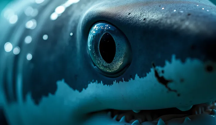 Dramatic close-up of a great white shark's eye, reflecting light from the water surface, with a question mark superimposed, creating suspense, realistic scene, 4k