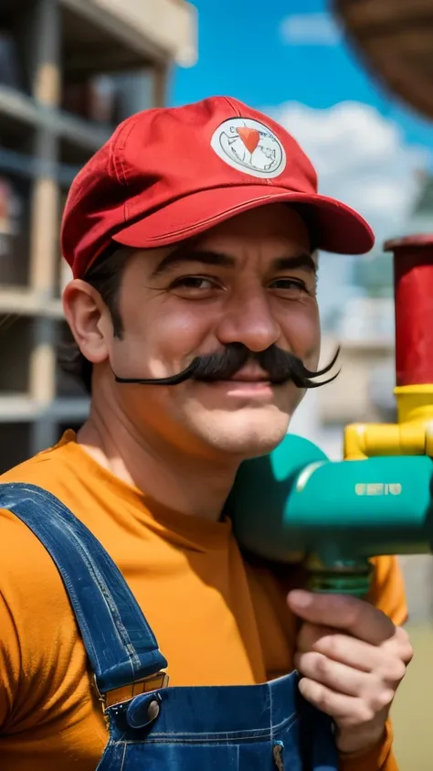 Cheerful mustachioed plumber striking a heroic pose wearing a red newsboy cap, red long sleeve shirt, blue overalls, round nose, white gloves and brown boots. In the background is a colorful fantasy world with floating blocks and green pipes.