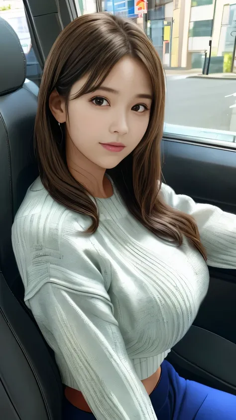 woman,   BIG BREAST, facingviewer, fc portrait , クロップド   sweater  , midriff,     sweater   ,   in the seat,   detailed face, stop road ,   illustration、  facing forward、