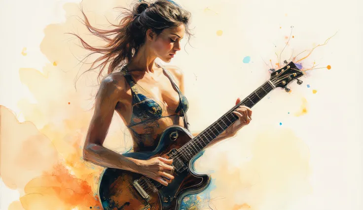 Surrealist artwork depicting woman's body morphing into guitar's silhouette, fluid lines creating visual harmony between human and instrument, soft watercolor techniques blending figure and object, intimate artistic exploration of physical and musical conn...