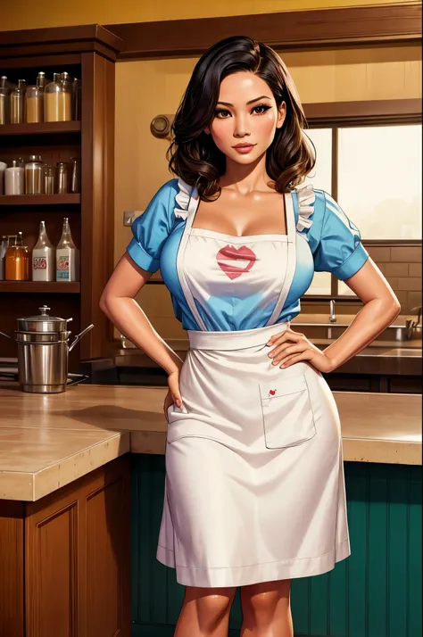 1girl, Lucy Liu, Eiza González, Amandla Stenberg, 1960-pinup, waitress, apron