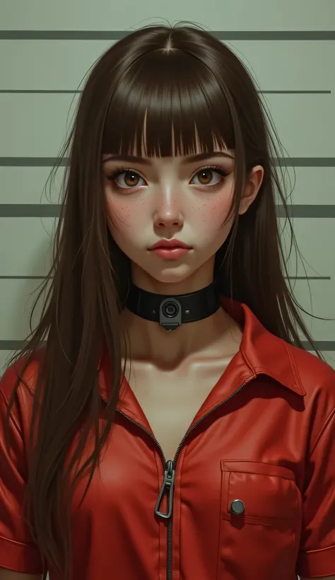 1girl, High Resolution,  Blunt Bangs, messy brown hair, small breasts. Thin body. Red jumpsuit zipped up high. Center frame. Tan skin. Shy expression. Looking into camera. Mugshot. Scifi prison collar. Realistic,  retrofuturism.Long Hair, Closed Mouth, inn...