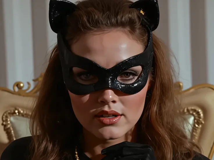 wonder woman with tiara, wearing eye mask, full face only shot, smiling