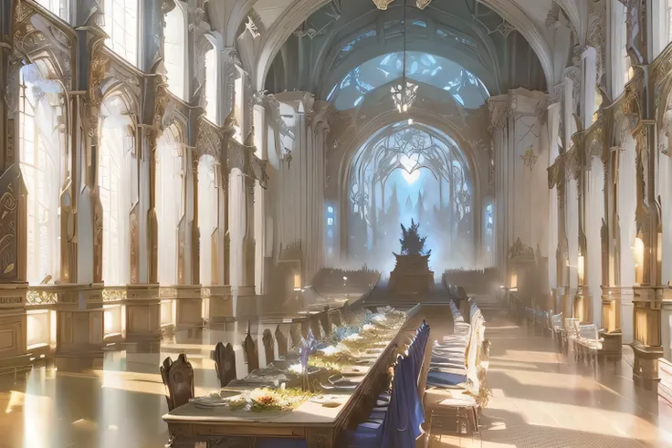 there is a long table with a lot of food on it, magical fantasy 2 d concept art, final fantasy artwork concept, library of ruina concept art, highly realistic concept art, 2. 5 d cgi anime fantasy artwork, stunning concept art, concept art stunning atmosph...