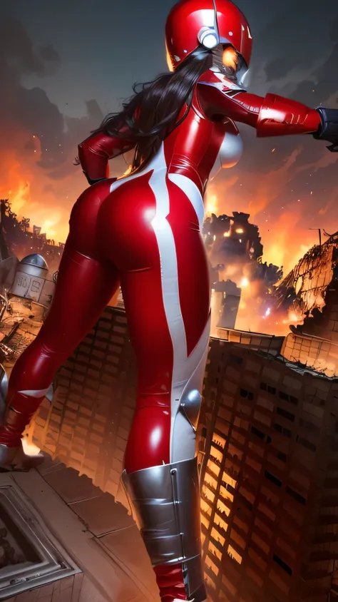 
Back view of a crimson giant ，A giant heroine in a red tight bodysuit standing in the rubble of a city, Pose crossing a building , ULTRA SEVEN,  Red Tight Leather Bodysuit , HIGH DETAILED GIANT GIRL SHOT , , Giant Woman Destroying Towns  , silver armor an...