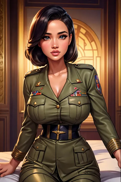 1girl, beautiful detailed eyes, beautiful detailed lips, extremely detailed face, longeyelashes, military uniform, pinup style, retro 1960s, Amandla Stenberg, Eiza González, Lucy Liu, high quality, 8k, photorealistic, hyper detailed, masterpiece, cinematic...