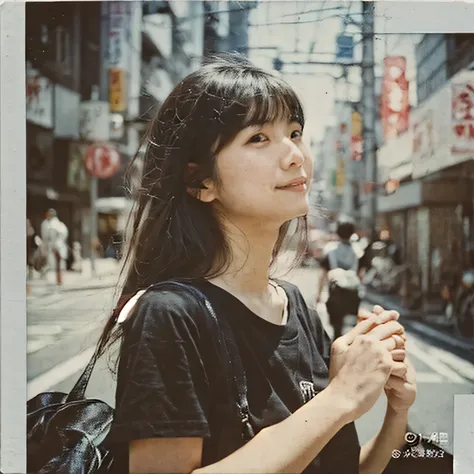 photograph, Cute Japanese woman in her 20s in a black T-shirt, Commemorative photo at the Tokyo Street, photo realistic, 35mm film handmade instant, front shot ,look up