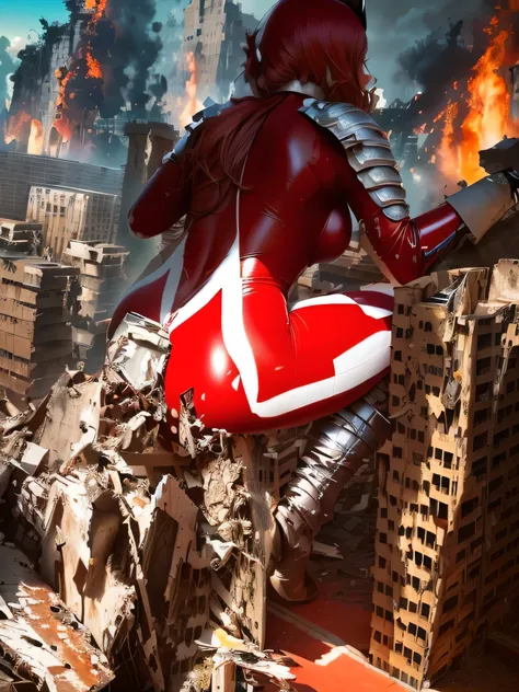 Back view of a crimson giant ，A giant heroine in a red tight bodysuit standing in the rubble of a city, Pose crossing a building , ULTRA SEVEN,  Red Tight Leather Bodysuit , HIGH DETAILED GIANT GIRL SHOT , , Giant Woman Destroying Towns  , silver armor and...