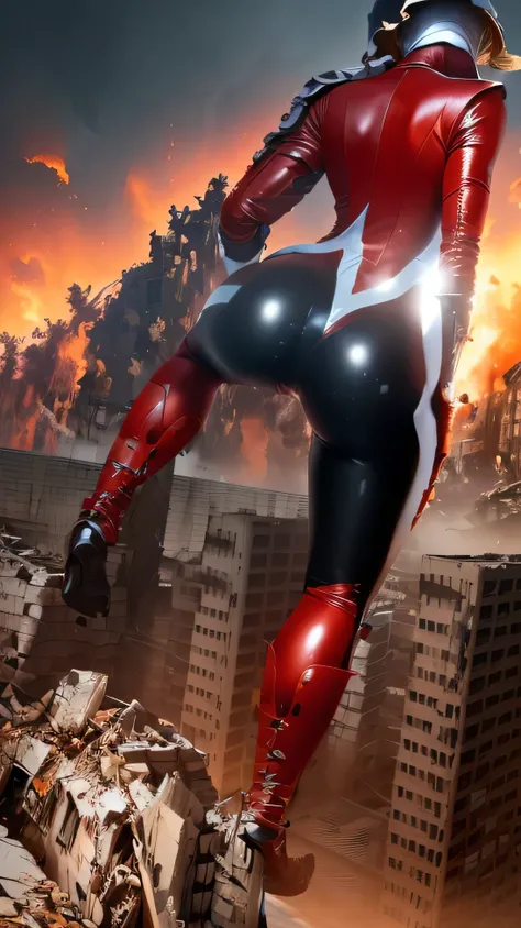 Back view of the red giant，A giant heroine in a red tight bodysuit standing in the rubble of a city, Pose crossing a building , ULTRA SEVEN,  Red Tight Leather Bodysuit , HIGH DETAILED GIANT GIRL SHOT , , Giant Woman Destroying Towns  , silver armor and re...