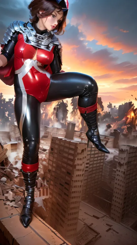  Giant Heroine in a Red and White Suit Standing Among the City's Rubble, Pose crossing a building , ULTRA SEVEN,  Red Tight Leather Bodysuit , HIGH DETAILED GIANT GIRL SHOT , , Giant Woman Destroying Towns  , silver armor and red clothing,  Red Fitted Leat...