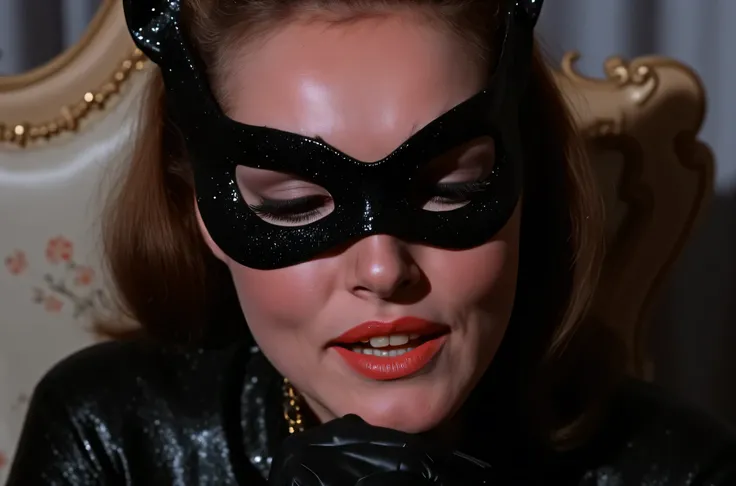  tallulah bankhead,.wearing eye mask, full face only shot, eyes closed, mouth open, Dressed in a black tight-fitting , closed to the neck ,  latex metallized catsuit .