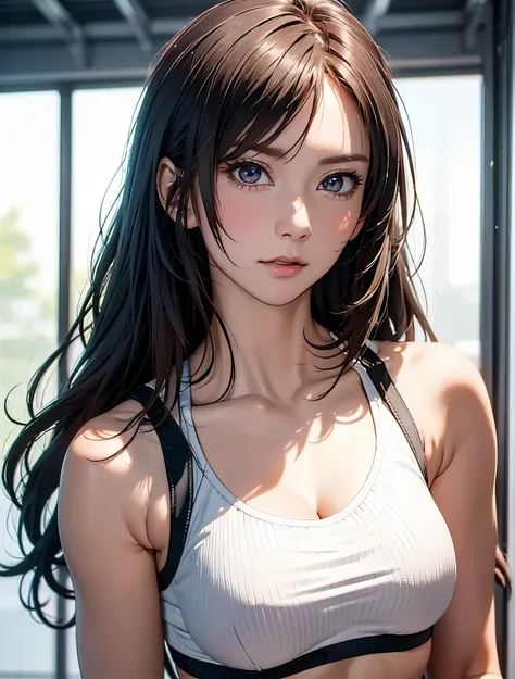 summer clothes  girl,   sports bra, Colorful leggings, Makes me want to kiss , (   girl),   medium boobs, Chest, Random Background,  Attractive appearance, (( Very Detailed )), (  perfectly detailed face), (   detailed hands  )   image like the picture .