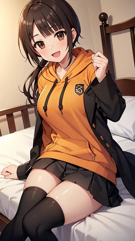 (top quality, greatest masterpiece),okitasawa,((low twintales)) ,(orange hoodie:1.3), black skirt,((black thigh-high socks:1.3)), brack coat, anatomically correct body , looking at the camera, very detailed facial features, beautiful and perfect face,(:d:1...