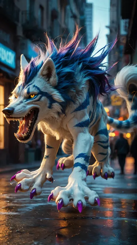 creature resembling a wolf with distinct features. The creature has a predominantly white body with bold, jagged dark blue stripes running across its fur. Its mane is spiky and extends down its back, also featuring a mix of white and purple. The creature's...