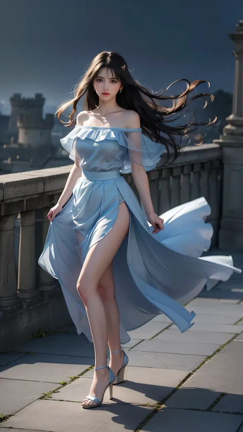 (( girl standing on an old castle balcony ))、 fluorescent color 、 1 girl completely naked、 sideways、 beautiful face、 beautiful eyes、( off shoulder:1.2)、( Full Body Angle )、   Shiny Hair 、 glowing skin、Reduce glare、 adjust finger ratio 、Escrow、Slow、 dynamic...