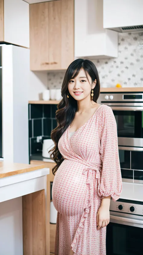 masterpiece, Best Quality, 8K,looking at the viewer,Japanese Lady,20 years old, huge pregnant, Voluptuous, crop top jacket , wrap dress, shoulder length hair, kitchen background, 