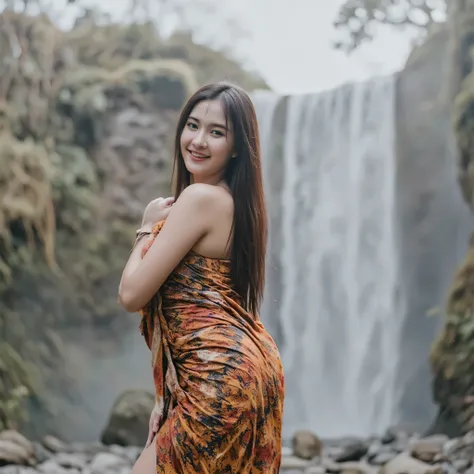 Cute girl wearing sarong dress seductive pose, Smile widely, more than , Bustling , (( whole body )) Turn away from the audience, Close, Steep mountain, มีfog, fog, woman standing under the waterfall , Wet Body, wet clothes , Wet skin, Beautiful skin, ...