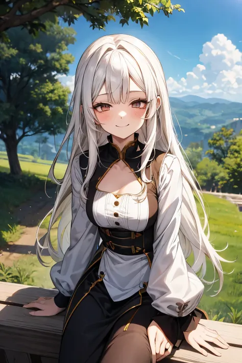 anime girl, long white hair, hazelnut eyes, smiling happily, share facial features, on top of a hill with single tree