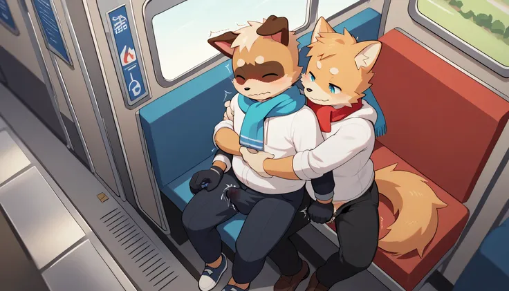 masterpiece, best quality, high quality, absurd res, hi res, 4k, 2k, uncensored,canis, cat, felis, dog, brown dog, black cat, slightly chubby, young, shota...train interior, train, sitting, clothed, topwear, pants, erection under clothing, precum through c...