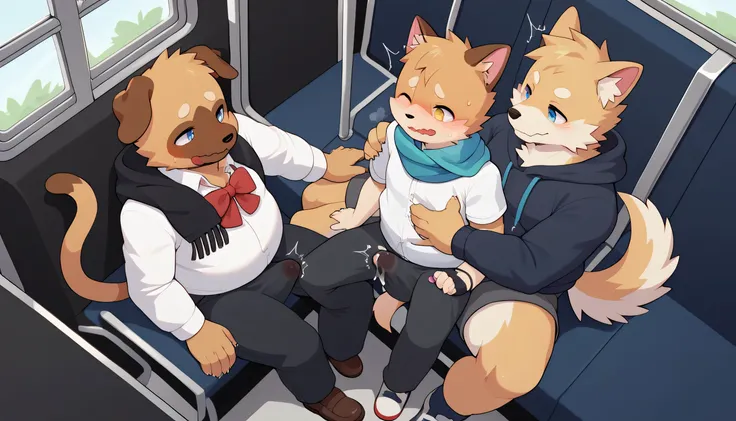 masterpiece, best quality, high quality, absurd res, hi res, 4k, 2k, uncensored,canis, cat, felis, dog, brown dog, black cat, slightly chubby, young, shota...train interior, train, sitting, clothed, topwear, pants, erection under clothing, precum through c...