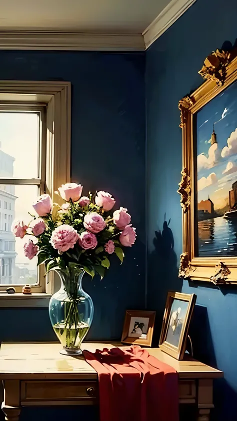 Oil painting still life ,   in a historic interior environment ,  dark room,  cinematic lighting,  Contrast Lighting , large round clear glass vase with peonies