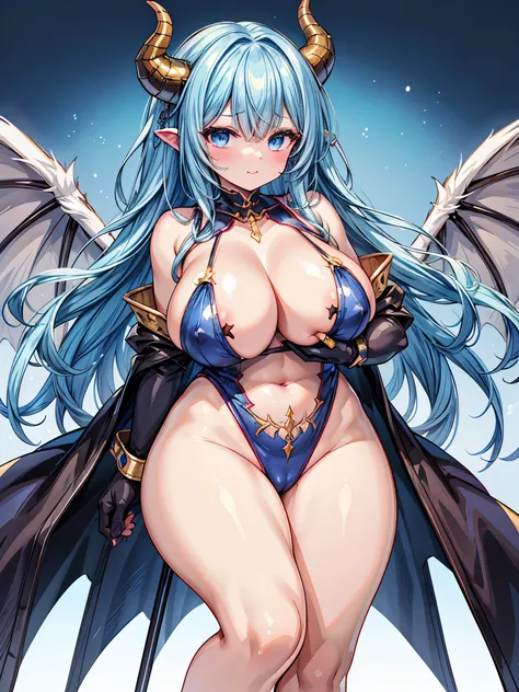 blue skin.Gold decoration..huge boobs..Thick legs..devil.Blue Skin.horn.Demon King.  .Baby Face.