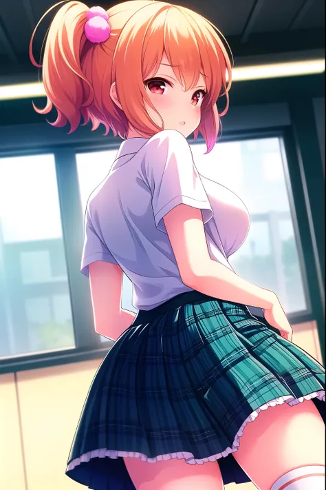 ( masterpiece, highest quality), Highly Detailed Background, perfect lighting highest quality, ( angle from below), (Focus on thighs:1.3), (Arms behind your back:1.4), Tomura Michiru, Alone, indoor, school classroom, orange hair, One side up, hair bo...