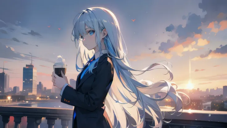 (masterpiece), (best quality), ultra detailed, finely detailed color, cenematic painting, ((holding coffee)), urban, sunset, vesper, evening, twilight, dusk, rooftop, cityscape, bishoujo, ((one lady)), ager, cute face, white hair, absurdly long hair, strai...