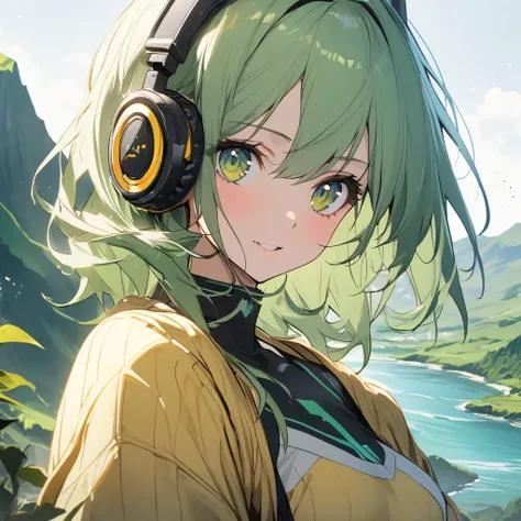 1girl, yellow onepiece, long green hair, green eyes, mechanical ears, Green mountains and blue water,