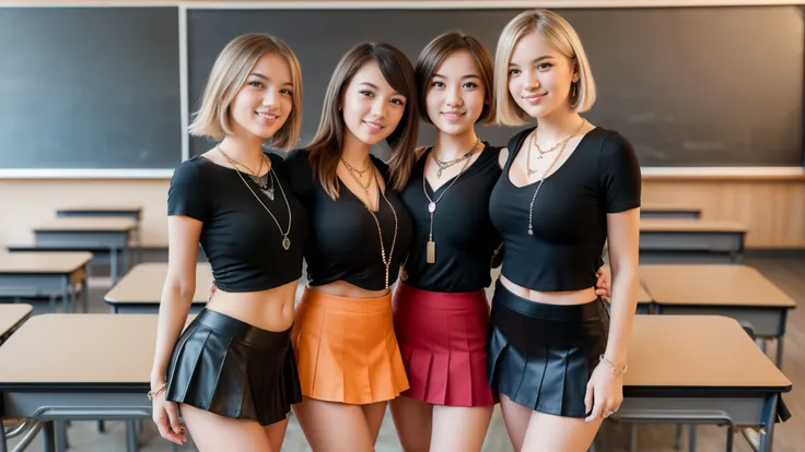 three girls, (:1.5), masterpiece, best quality, hdr, hyper HD, 8k, bokeh, Ultra fine painting, sharpness, physics-based rendering, extremely detailed description, full body photo, looking at viewer, (long blond or dark bob_cut hair), (smile:1.1), (big brea...