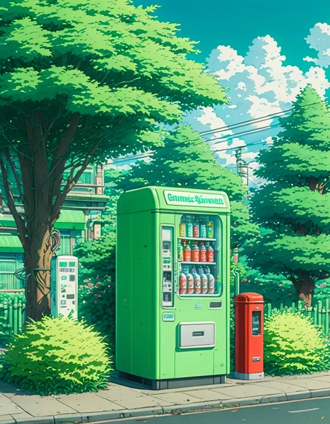 Here are a few options for prompts that focus on the vending machine and remove the boy:
Simple Prompts:
 * Anime style vending machine in a green, lush environment.
 * Green vending machine with colorful drinks, surrounded by foliage.
More Descriptive Pro...