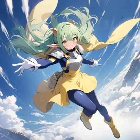 1girl, blue bodysuite, yellow cape, yellow skirt, yellow apron, yellow long boots, white long glove, mechanical long ears, silver shoulder protector, silver breastplate, silky long green hair, green eyes, in the sky with bomber, full body