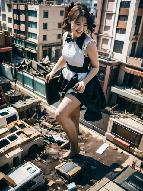 A gigantic maid towers over a modern Tokyo-style city, laughing joyfully as she wreaks havoc. She is far larger than the skyscrapers, dressed in a classic black and white French maid outfit. Her chestnut-colored short hair sways in the wind, and her deep c...