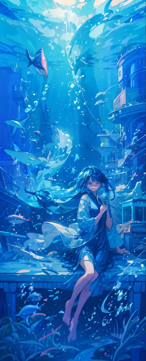  very detailed face、4K、8k、((1 girl with long blue hair:1.4))，((Beautiful blue eyes))、Full body solo shooting、(( with poison:1.4))、seabed、deep sea、Floating in the sea、( splashes :1.3)、Lots of small fish、(( long dress、 barefoot))、Floating、A lot of bubbles、bu...