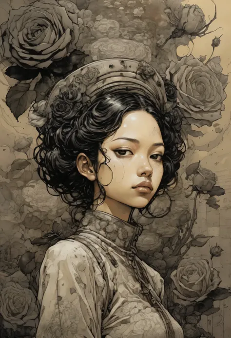  full color、 ultra detailed 、 The Introverted Spiritual World of Mental Patients、 Chiaroscuro Technique 、 illustration art, By Katsuya Terada 、 Surrealism ,  Vintage Abstract Paintings , Girl with black roses, Super Detailed Clothes ,  highest quality,  Ma...